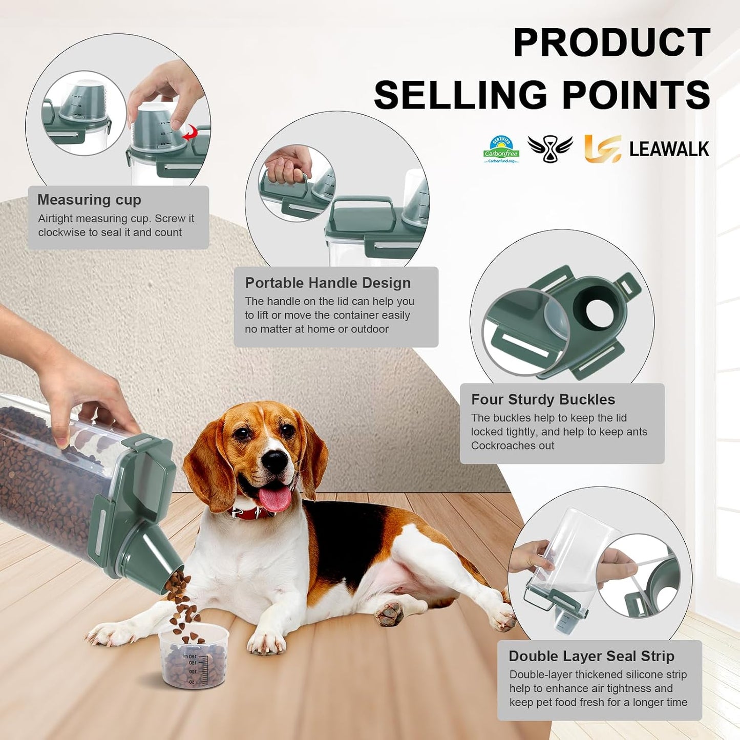 LEAWALK Airtight Small Cat Dog Pet Food Storage Containers BPA Free, with Large Pour Spout/1 Measuring Cup/ 4 Safety Locks and Double-layer Silicone Strip (Olive Gray x 2, 3L-2pack)
