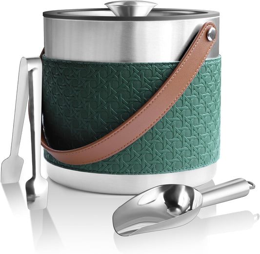 Bakpoco Double-Wall Vacuum Insulated Ice Bucket with Lid, Scoop, Ice Tong, Strainer & Leather Handle Keep Ice Frozen Longer Large Wine Ice Buckets for Cocktail Bar,Parties Chilling Beer Champagne 3L