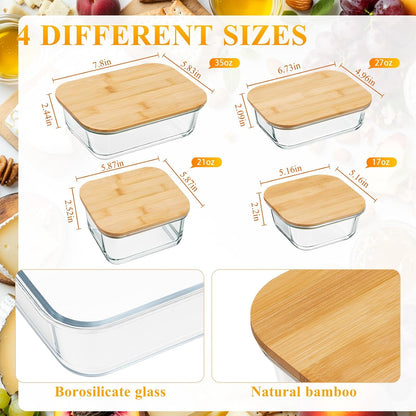 Suclain 12 Pcs Airtight Glass Food Storage Containers with Bamboo Lids Set Including 4 Pieces Meal Prep Glass Containers Lunch Bento Boxes and 8 Pieces Overnight Oats Jars Snack Storage Salad Jars