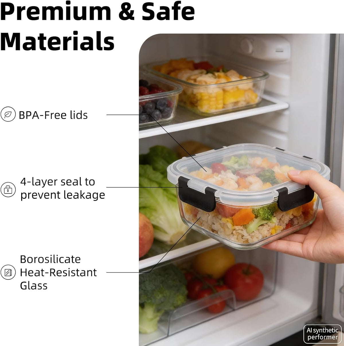 Konokyo Square Glass Food Storage Containers with Lids, 12 Pack Airtight Leakproof Meal Prep Containers, BPA-Free, Microwave Oven Freezer & Dishwasher Safe, Assorted Sizes