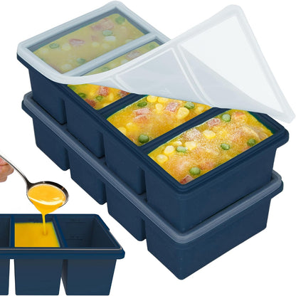 Silicone Freezer Trays with Lids, 1-Cup Soup Container Style Ice Cube Trays for Freezer - Leakproof, Dishwasher,Oven Safe, Stackable, Ideal for Frozen Broth, Leftovers & Meal Prep, BPA Free 2 Pack