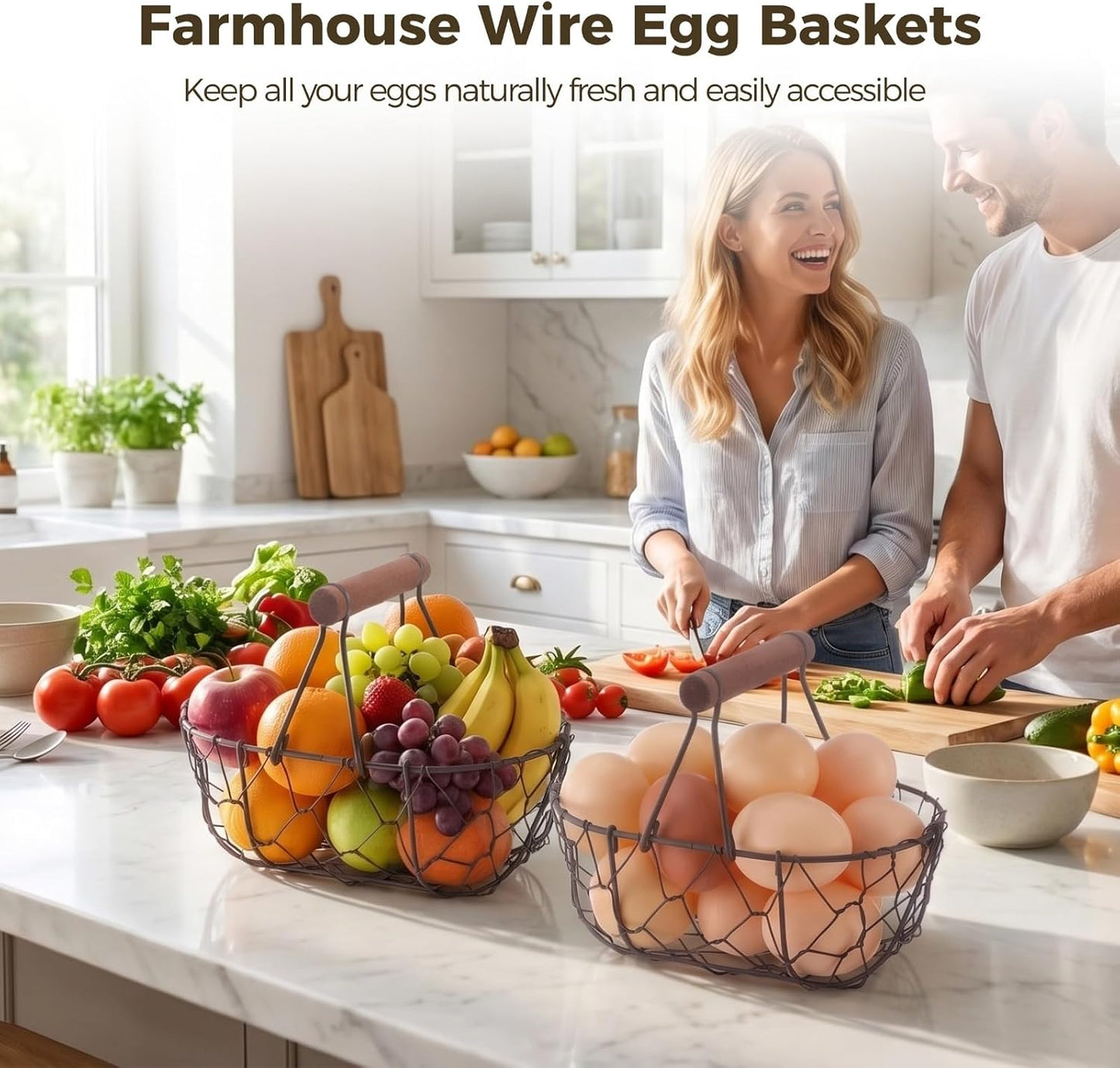 2 Pcs Chicken Wire Egg Baskets, Farmhouse Chicken Egg Collecting Baskets, Rustic Metal torages with Wooden Handle, Small Stackable Holders for Fruits, Vegetables, Sundries