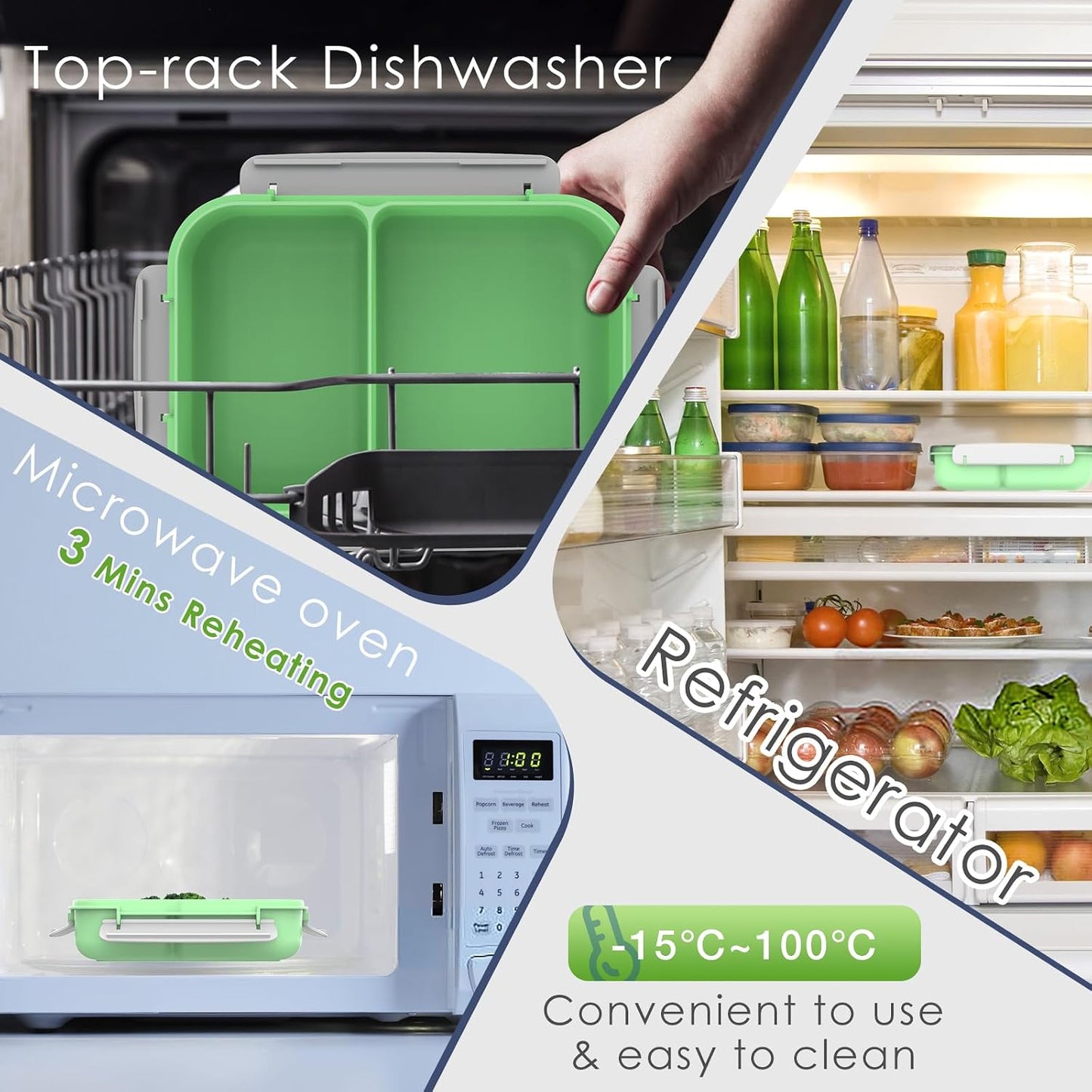 WHALEHOUSE Bento Lunch Box, 1300ML 4 Compartments Meal Prep Container with Utensil, Airtight Food Storage Container with Snap Locking Lids, Microwave/Dishwasher/Freezer Safe, On the Go