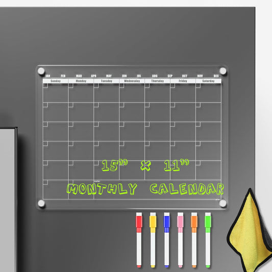 Acrylic Magnetic Dry Erase Calendar for Fridge Clear 37 * 27cm Vertical Weekly Meal Planner Menu Erasable Whiteboard Planning Board White 15" x 11" in/ 6 Color Wet Erase Marker