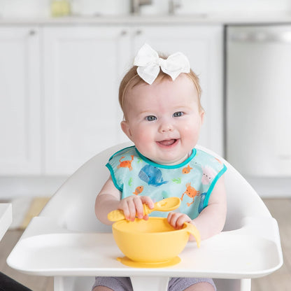 Bumkins Baby Bowl, Silicone Feeding Set with Suction for Baby and Toddler, Includes Spoon and Lid, First Feeding Set, Training Essentials for Baby Led Weaning for Babies 4 Months Up, Sage