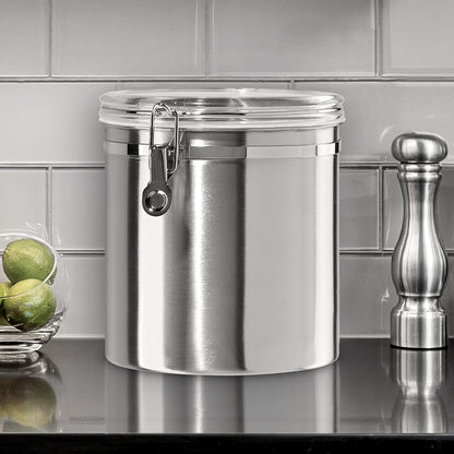 Oggi Stainless Steel Kitchen Canister 62 fl oz - Airtight Clamp Lid, Clear See-Thru Top - Ideal for Kitchen Storage, Food Storage, Pantry Storage. Large Size 5" x 7.5".
