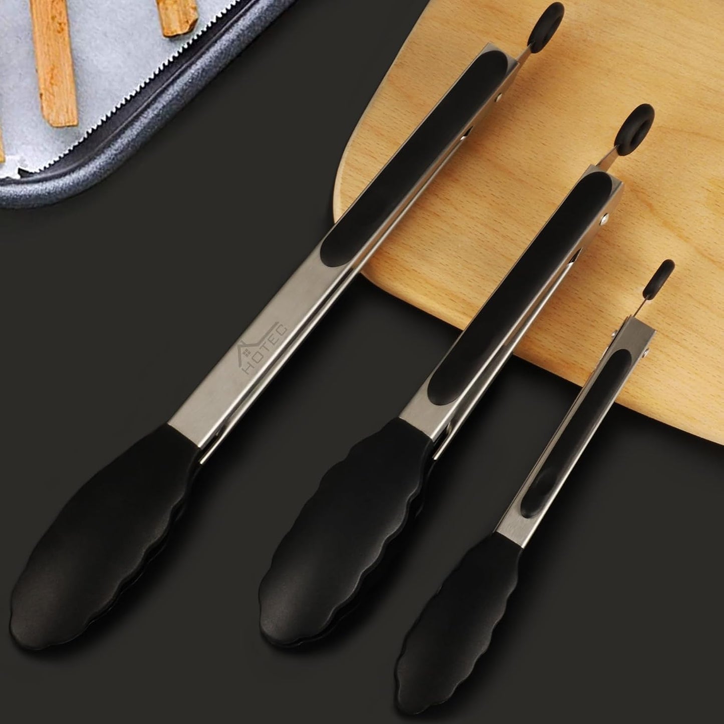 HOTEC Premium Stainless Steel Locking Kitchen Tongs with Silicon Tips, Set of 2-9" and 12"