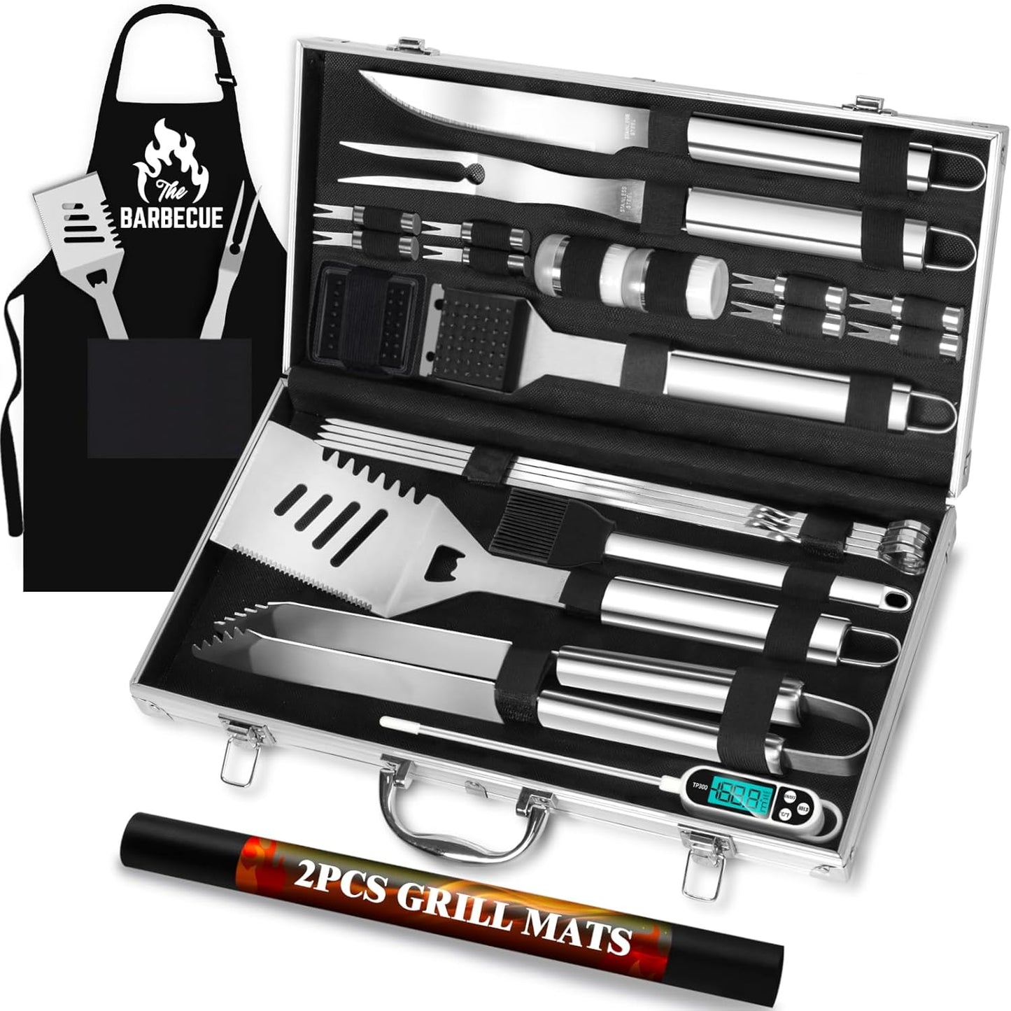 ROMANTICIST 26pcs Grilling Gifts for Men, Dad Gifts for Father's Day, Stainless Steel BBQ Grill Accessories Tools Set, Heavy Duty BBQ Utensils Kit with Apron, Thermometer, Mats in Aluminum Case Brown