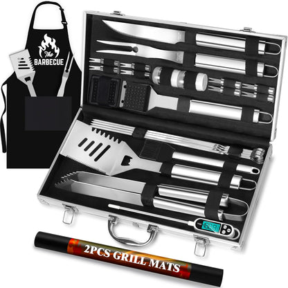 ROMANTICIST 26pcs Grilling Gifts for Men, Dad Gifts for Father's Day, Stainless Steel BBQ Grill Accessories Tools Set, Heavy Duty BBQ Utensils Kit with Apron, Thermometer, Mats in Aluminum Case Brown