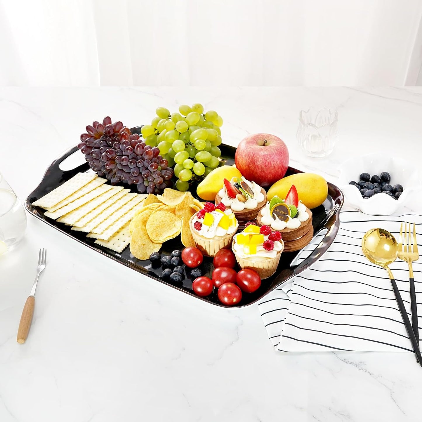 TP Large Serving Trays with Handles, 19" x 12" Melamine Serving Platters for Food, Turkey, Set of 2 Rectangular Trays for Party, Pure White