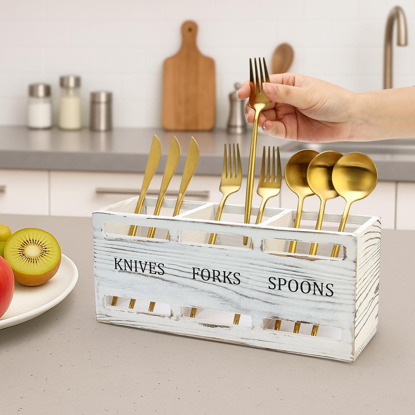 Wooden Silverware Cutlery Holder White Flatware Caddy Small Kitchen Utensil Holders for Party Wood Silverware Organizer Storage for Table Countertop Spoon and Fork Holder Utensils Caddy Basket
