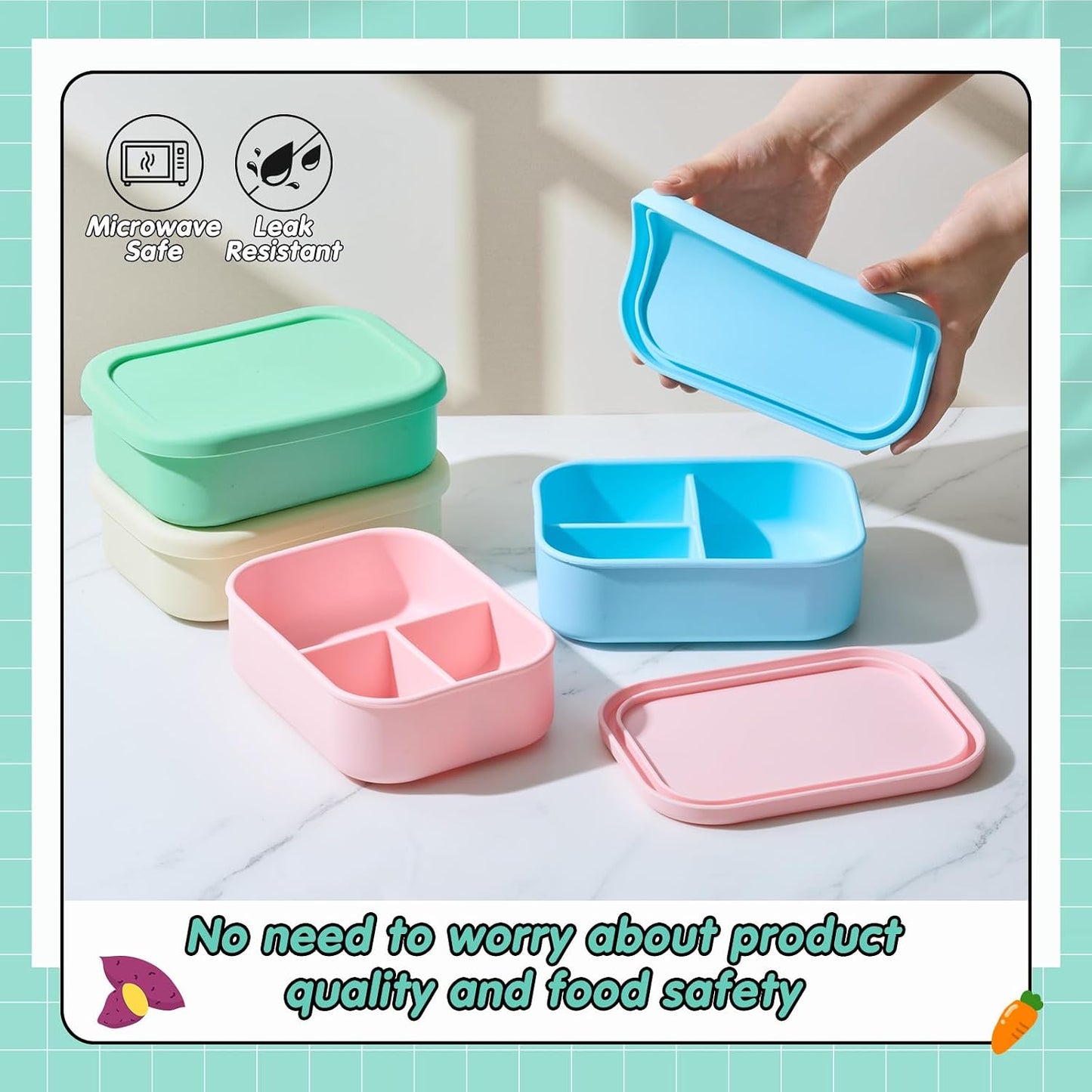 Layhit 4 Pcs Silicone Bento Box for Adults, 27 oz Bento Lunch Container Reusable 3 Compartment Lunchable Food Container for Women Men, Leak Proof Microwave Dishwasher Freezer Safe (Cool Colors)
