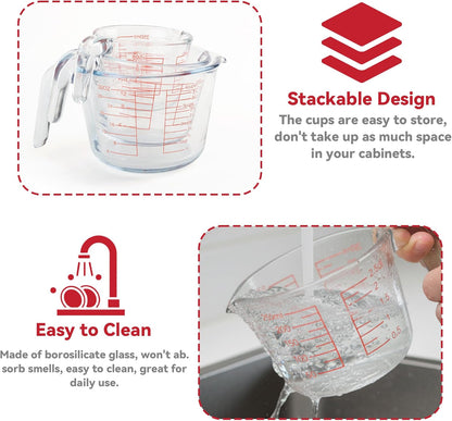 6 Pcs Glass Measuring Cups Set with Lids (Strainer Included) - 1-Cup/2-Cup/4-Cup Nesting Jugs with Easy-Grip Handles, Kitchen Liquid Measuring