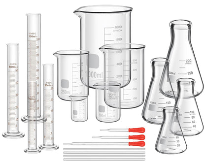 Frienda 50/100/250/500/1000ml Glass Beaker Set, 3.3 Borosilicate Low Form Griffin Lab Glassware Include Graduated Cylinder, Beaker, Dropper, Stirring Rod, Measuring Cups for Lab Chemistry (20 Pcs)