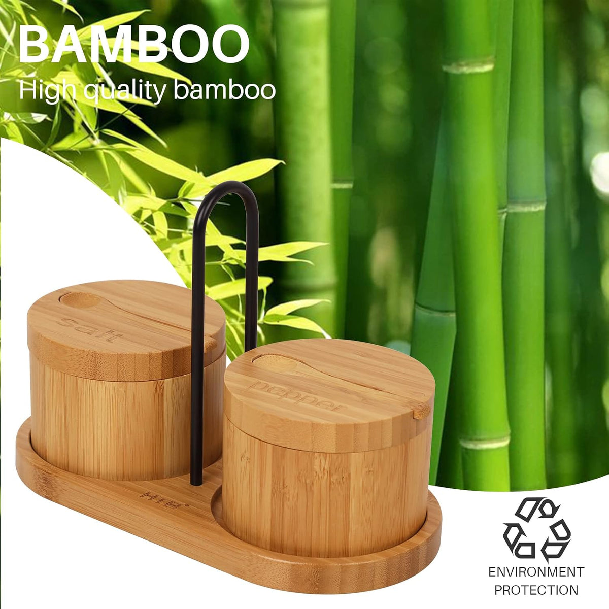HTB Bamboo Salt Cellar with Mini Spoon and Magnetic Swivel Lid