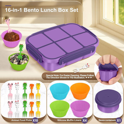 Amathley Lunch Box Kids Girls Boys,Bento Box Adult,Toddler Lunch Containers for School,Leakproof Snack Containers with 6 Compartments,Sauce Container,10 Food Picks and 4 Muffin Cups (Green)