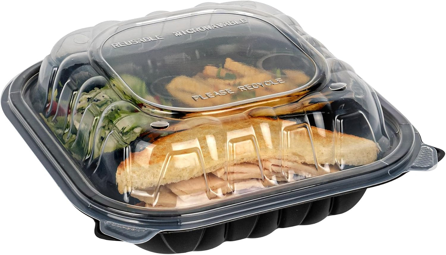 Thermo Tek 40 Ounce Clamshell Containers, 50 Disposable Take Out Boxes - 3 Compartments, Ventilated Lids, Black Plastic Meal Prep Containers, Microwavable, For Pasta Or Salads - Restaurantware