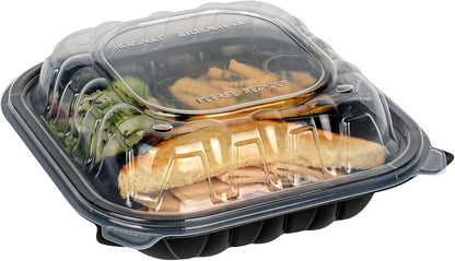 Thermo Tek 40 Ounce Clamshell Containers, 50 Disposable Take Out Boxes - 3 Compartments, Ventilated Lids, Black Plastic Meal Prep Containers, Microwavable, For Pasta Or Salads - Restaurantware
