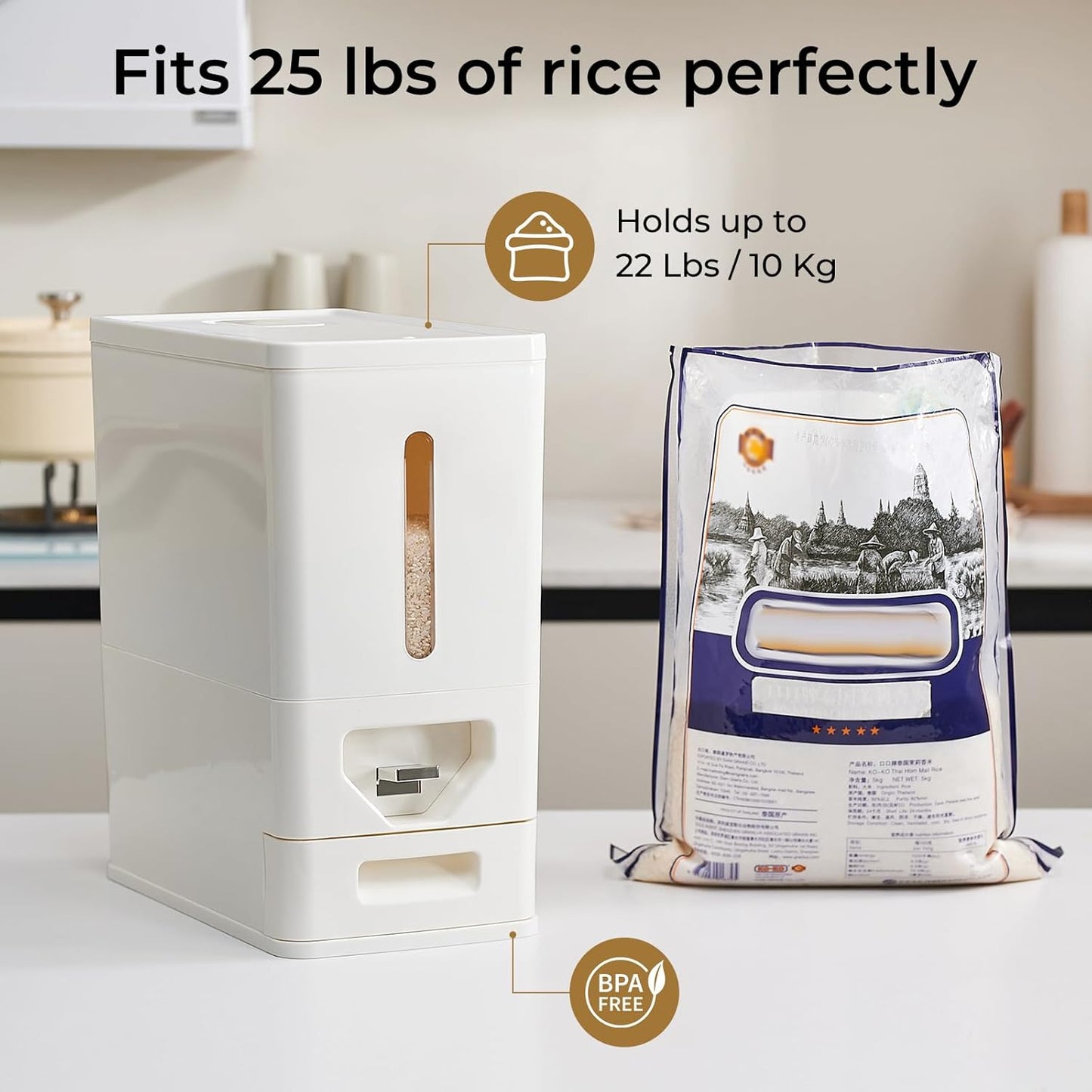 UFORU Rice Dispenser 22-25 Lbs (12kg), Rice Storage Container Sealed Moisture-Proof with Built-in Drawer, BPA-Free for Kitchen Pantry Household, Ideal for Rice, cereals, Beans, and Dry Food