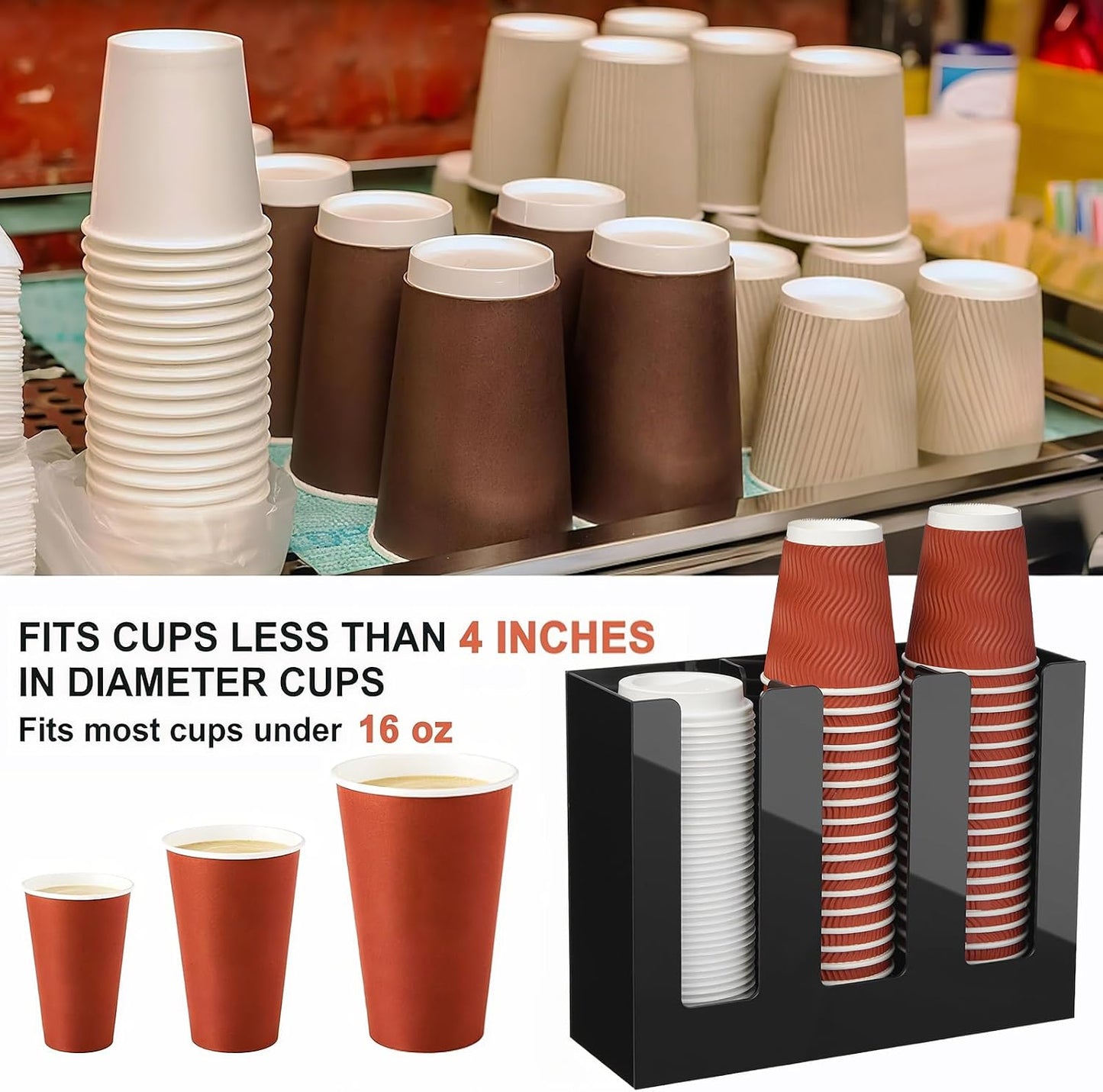 Coffee Cup Dispenser, Cup and Lid Organizer fits 5 to 16 oz Disposable Cups