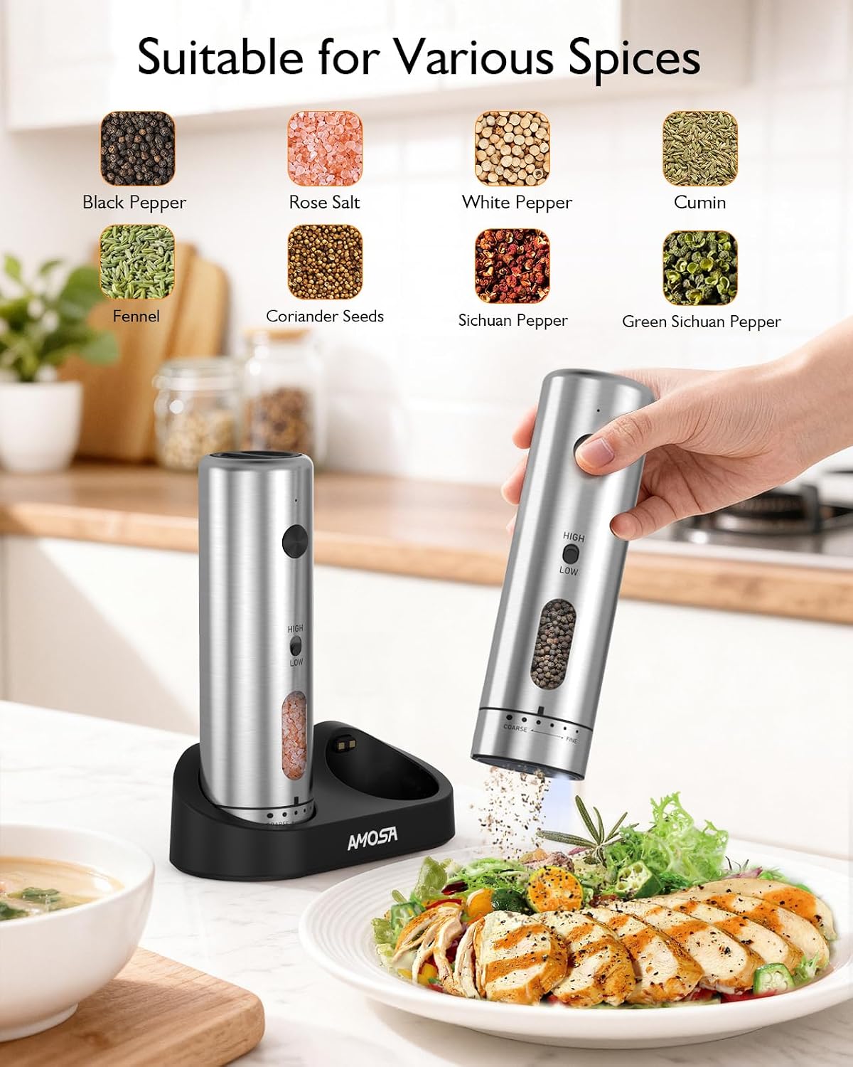 Electric Salt and Pepper Grinder Set, 2 in 1 Dual Bins USB Rechargeable