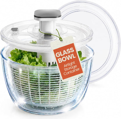 Glass Salad Spinner with Storage Lid, 6 Quart Borosilicate Bowl, Push Button Drying Lid, BPA-Free Draining Basket Doubles as Serving Bowl & Colander, Lettuce, Vegetable, & Fruit Washer
