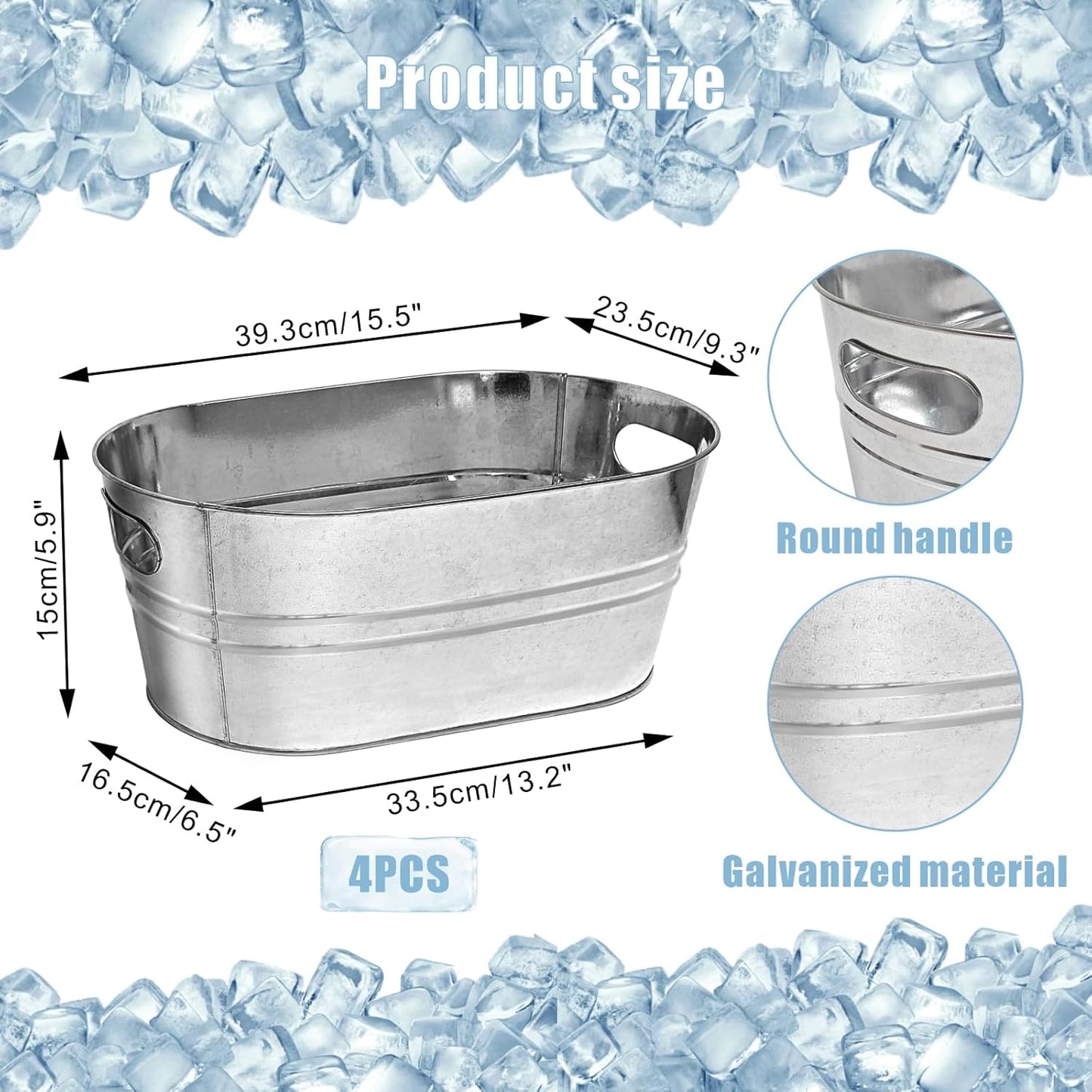 4 Pack Galvanized Tub Ice Bucket, 3 Gallon Large Metal Drink Buckets for Parties & Bars, Beer Beverage Tub with Carry Handles for Champagne, Cocktails, Wine Cooling, Mimosa Supplies