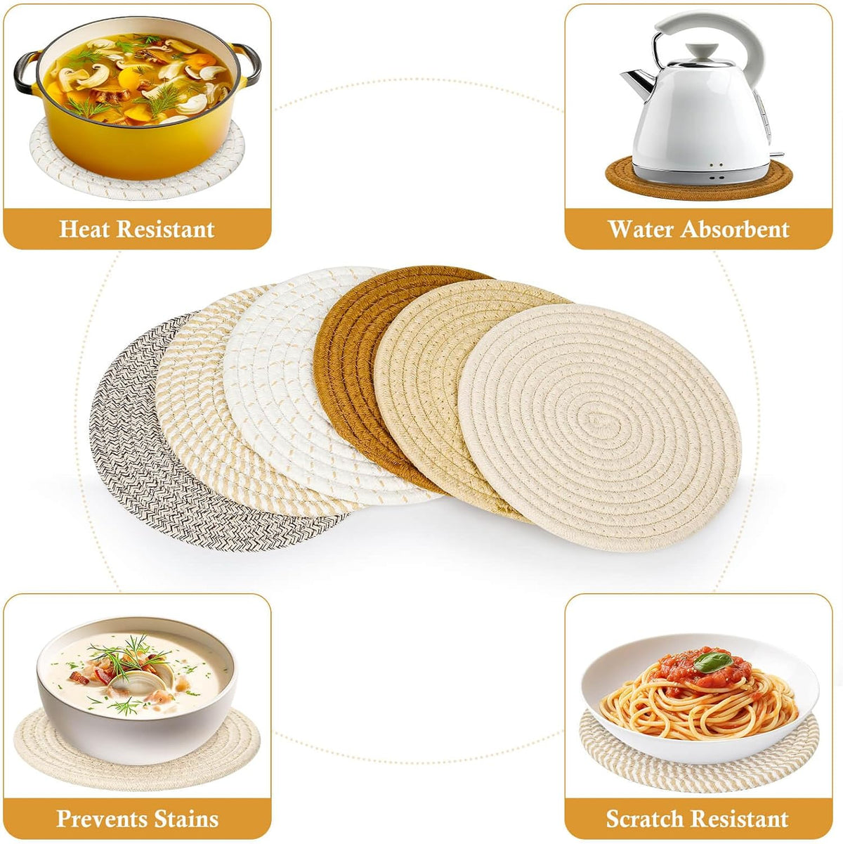 Billbotk 8'' Trivets Hot Dishes, Hot pots and Pans, 6 Heat Resistant Hot Pads, Pot Holders Kitchen, Hot Plate Mats Kitchen Countertops, Table, Home Essentials New Home and Farmhouse Decor