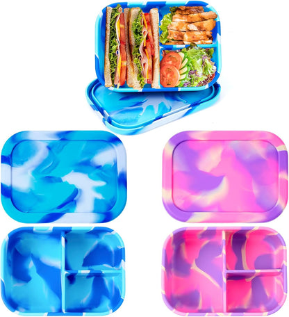 Layhit 4 Pcs Silicone Bento Box for Adults, 27 oz Bento Lunch Container Reusable 3 Compartment Lunchable Food Container for Women Men, Leak Proof Microwave Dishwasher Freezer Safe (Cool Colors)