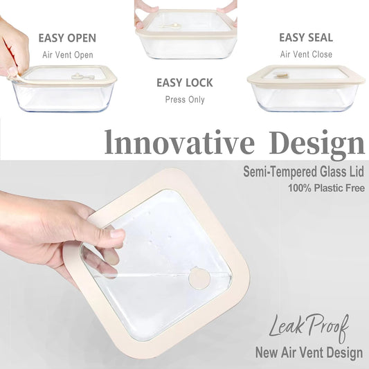 Urban Green Glass Food Container Set with Glass Lid, 3 Pack, Food Storage Containers Set, Airtight, LeakProof, 100% Plastic Free, Meal Prep Containers (White Color)