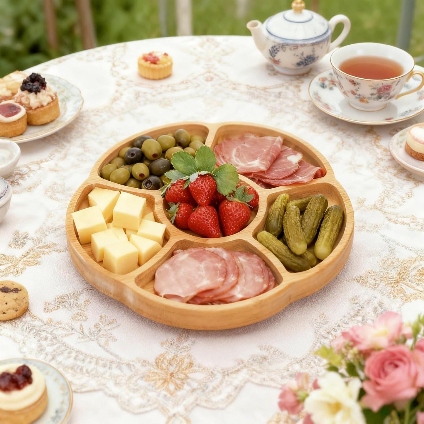 Cididu 12'' Lazy Susan Serving Tray, Bamboo Food Tray, Appetizer Divided Serving Platter Dishes, 360° Rotating Relish Party Tray, 6 Compartments Bamboo Tray for Snack Nut Fruit Veggie Chip and Dip
