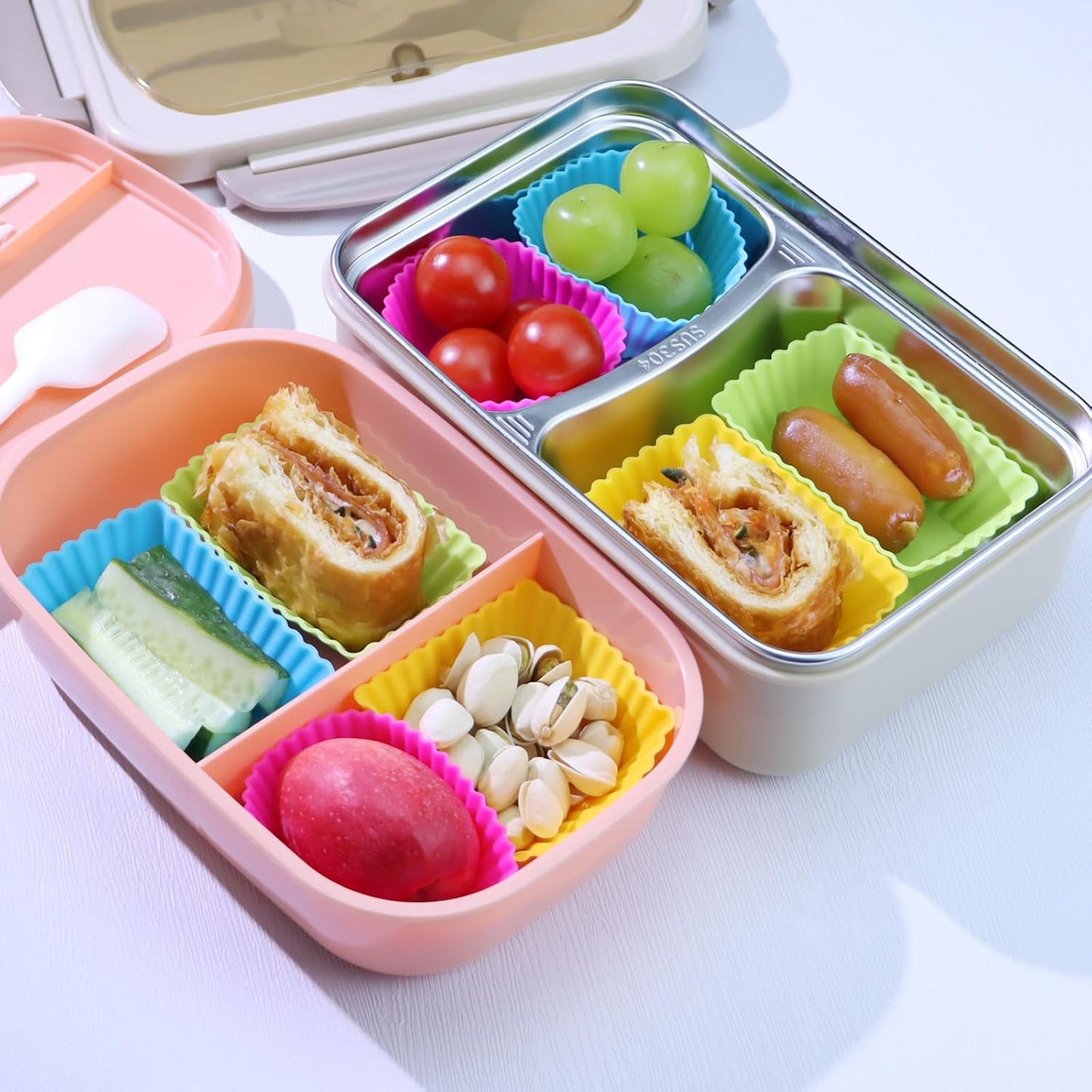 24Pack Silicone Muffin Cups, Reusable Cupcake Liners Molds for Baking, 3 Shapes Lunch Box Bento Dividers-Round, Square, and Rectangular (Orange Series, Regular Size)