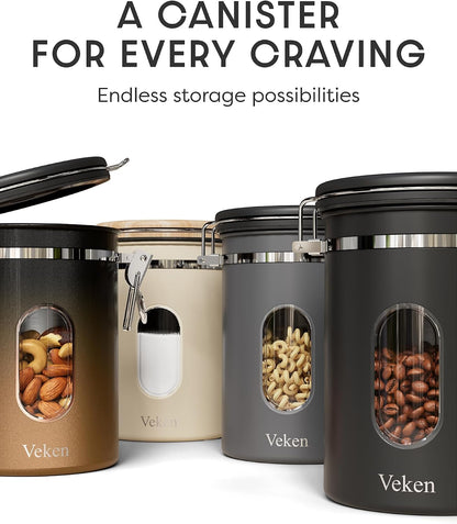 Veken Coffee Canister with Window, Family Choice Awards Winner, Airtight Stainless Steel Home Kitchen Food Storage Container with Lids for Grounds, Beans, Tea, Flour,Cereal,Sugar Jars,Scoop,16OZ,Black
