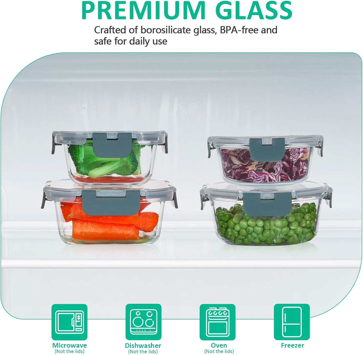KOMUEE 24 Pieces Glass Food Storage Containers Set, Meal Prep Containers-Stackable Airtight Glass Storage Containers with lids,Freezer, Microwave, Oven Safe,Green