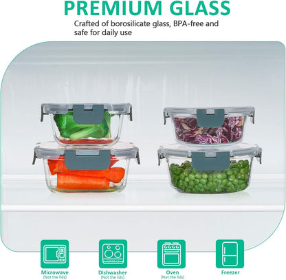 KOMUEE 24 Pieces Glass Food Storage Containers Set, Meal Prep Containers-Stackable Airtight Glass Storage Containers with lids,Freezer, Microwave, Oven Safe,Green