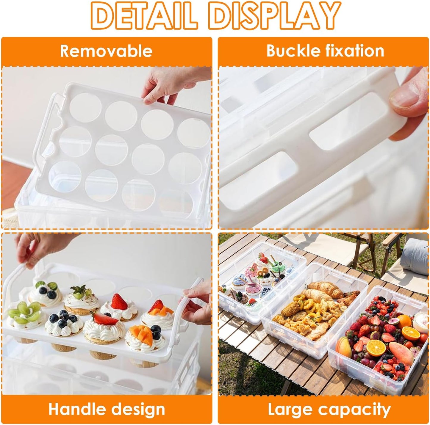 Cupcake Carrier Stackable Storage Container Collapsible Cake Carrier with Lid and Handle, with 50 PCS Cupcake liners,Reusable Plastic Dessert Travel Container,Transport Box (24 Cupcakes White)
