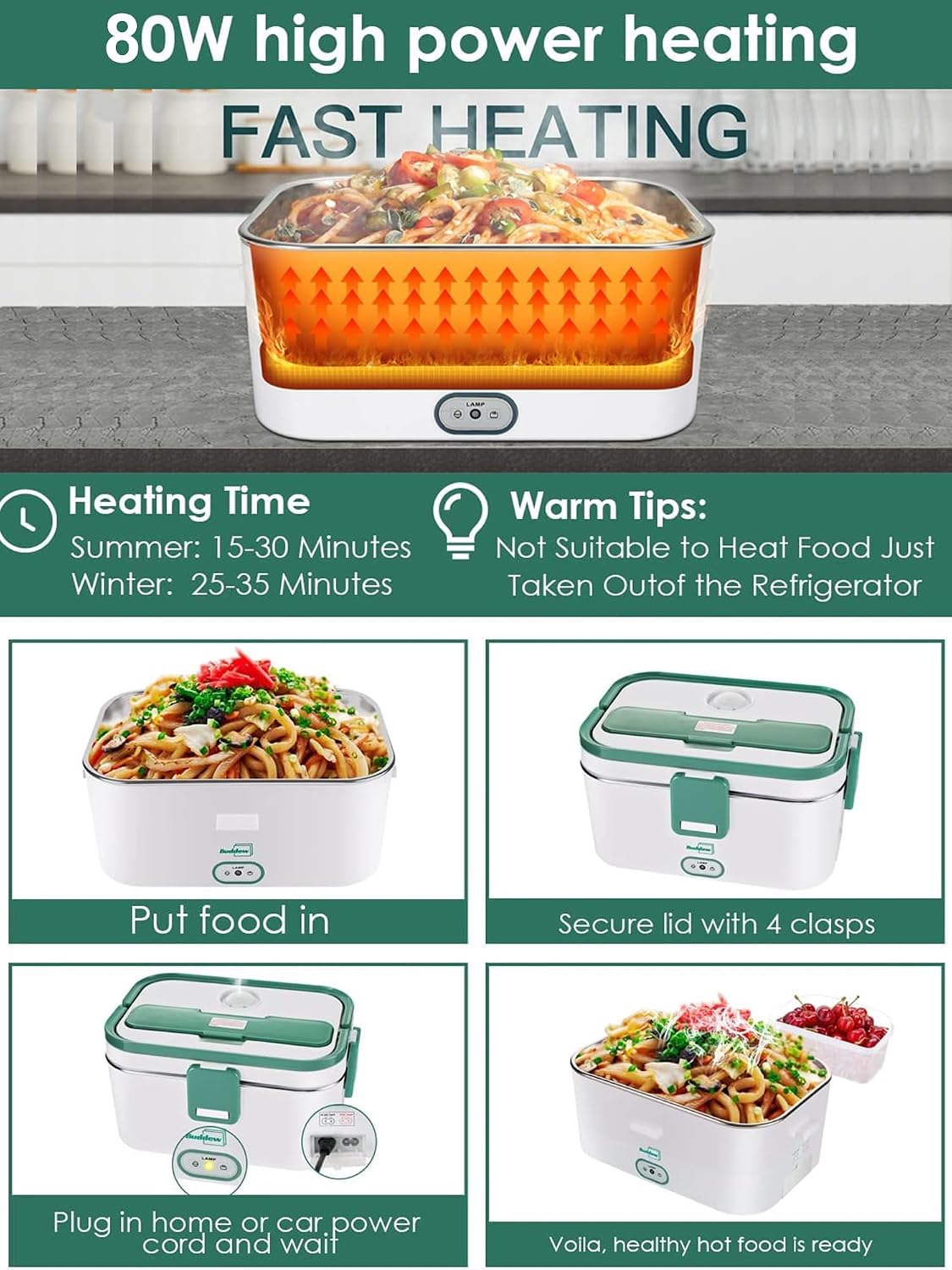 Buddew Electric Lunch Box for Adults, 80W Heated Lunch Box 1.8L Stainless Steel Portable Food Warmer,12/24/110V Lonchera Electrica Portatil for Travel & Work, Loncheras para Hombres de Trabajo