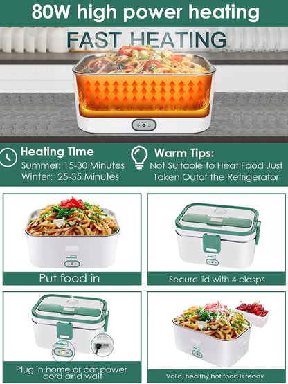 Buddew Electric Lunch Box for Adults, 80W Heated Lunch Box 1.8L Stainless Steel Portable Food Warmer,12/24/110V Lonchera Electrica Portatil for Travel & Work, Loncheras para Hombres de Trabajo
