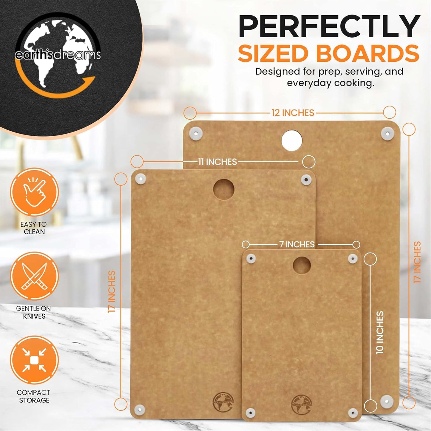 Earth's Dreams Composite Wood Cutting Board Set of 3 – Built In Juice Groove, Dishwasher Safe,Cutting Boards for Kitchen – Large, Medium & Small Non-Slip Wood Charcuterie & Chopping Boards (Tan/Black)