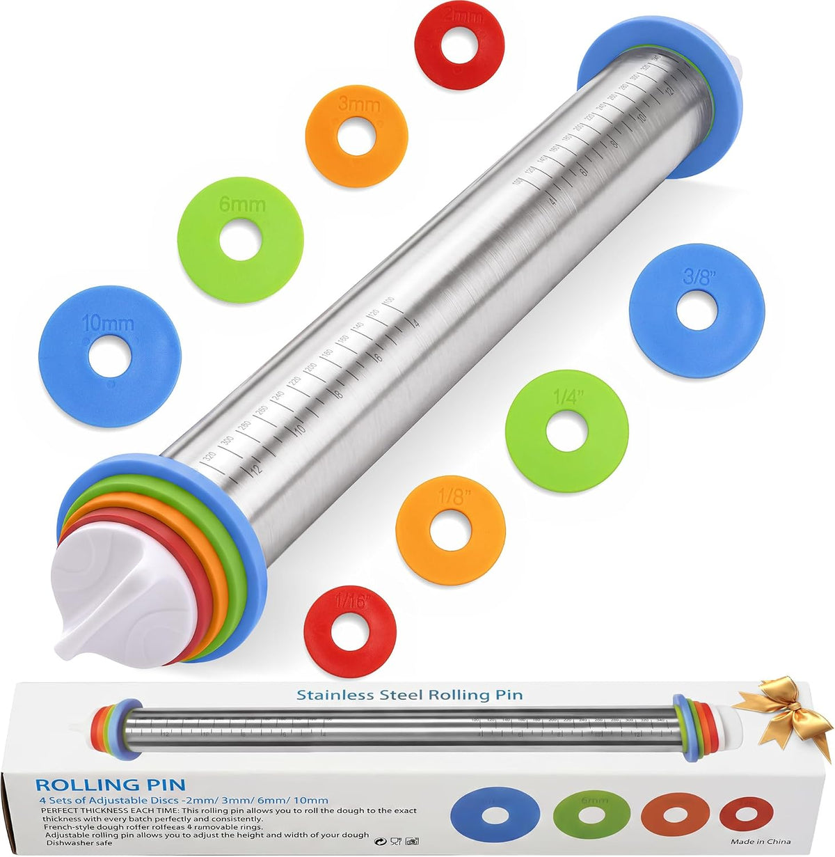 Vakoo Rolling Pin with Thickness Rings for Baking