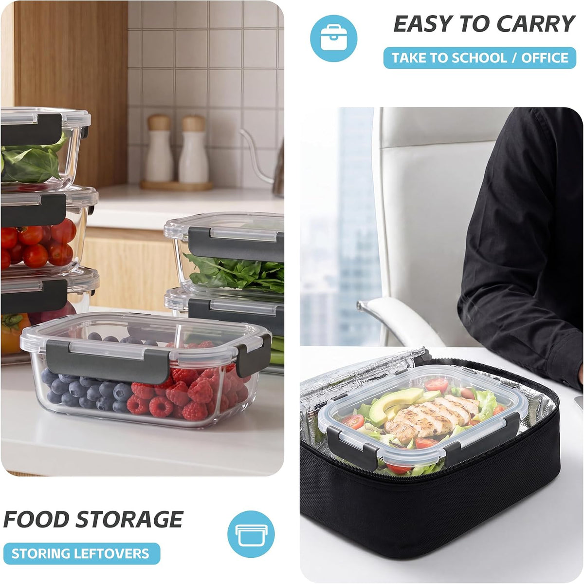 6-Pack 35oz Glass Food Storage Containers with Lids, Airtight BPA-Free Leakproof Meal Prep Containers, Microwave, Oven, Freezer & Dishwasher Safe Lunch Boxes for Home & Office