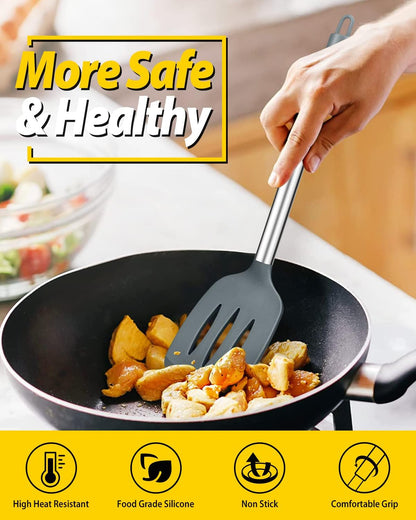 Pack of 4 Silicone Cooking Utensils Set, Non Stick Large Solid Spatulas, Heat Resistant Black Slotted Spoons, Ideal BPA Free Kitchen Turners for Frying, Mixing,Serving,Draining,Turning,Stirring