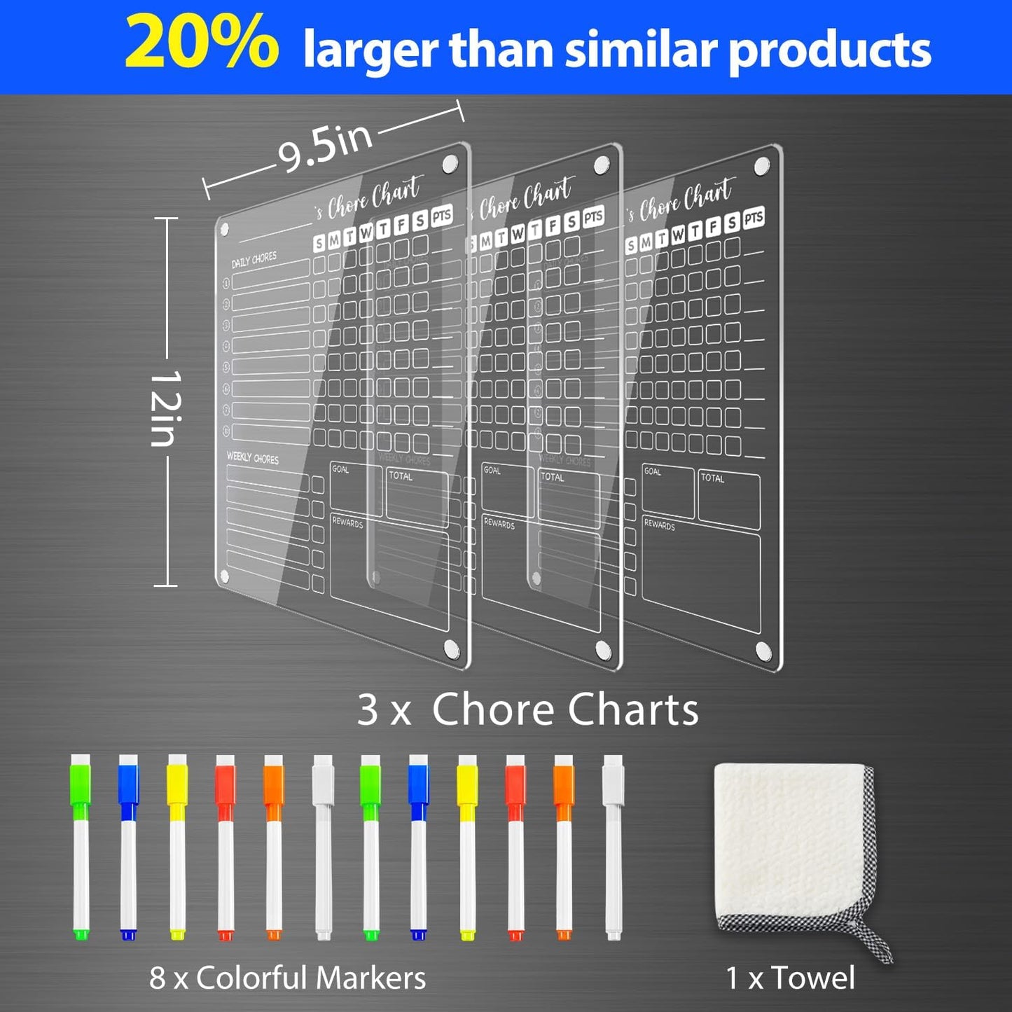 PigPotParty 2-in-1 Acrylic Magnetic Chore Chart for 2 Kids, Couples, Roommates, 15"x11" Large Dry Erase Chore Board for Fridge, Clear Weekly & Daily Reward Chart, Includes 12 Markers & Towel