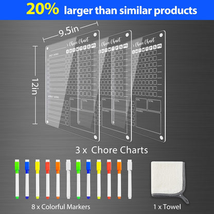 PigPotParty 2-in-1 Acrylic Magnetic Chore Chart for 2 Kids, Couples, Roommates, 15"x11" Large Dry Erase Chore Board for Fridge, Clear Weekly & Daily Reward Chart, Includes 12 Markers & Towel