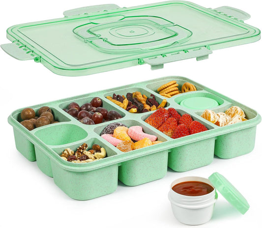 Caperci Snackle Box Container - Large 10-Compartment Divided Serving Tray with Lid and Handle, Built-in 2 Dip Containers, Dishwasher Safe, Leak-Proof, Wheat Straw, BPA-Free (White)