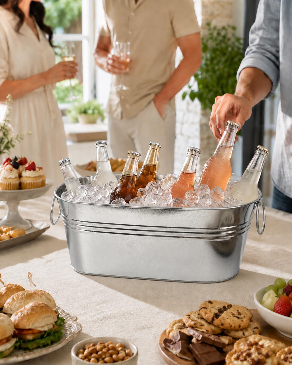 2 Pack 3 Gallon Galvanized Tub Ice Bucket, 15x7x6.5" Metal Drink Buckets for Parties, Leak-Proof Beer Beverage Tubs with Handles for Champagne Wine Mimosa Bar Supplies (White)