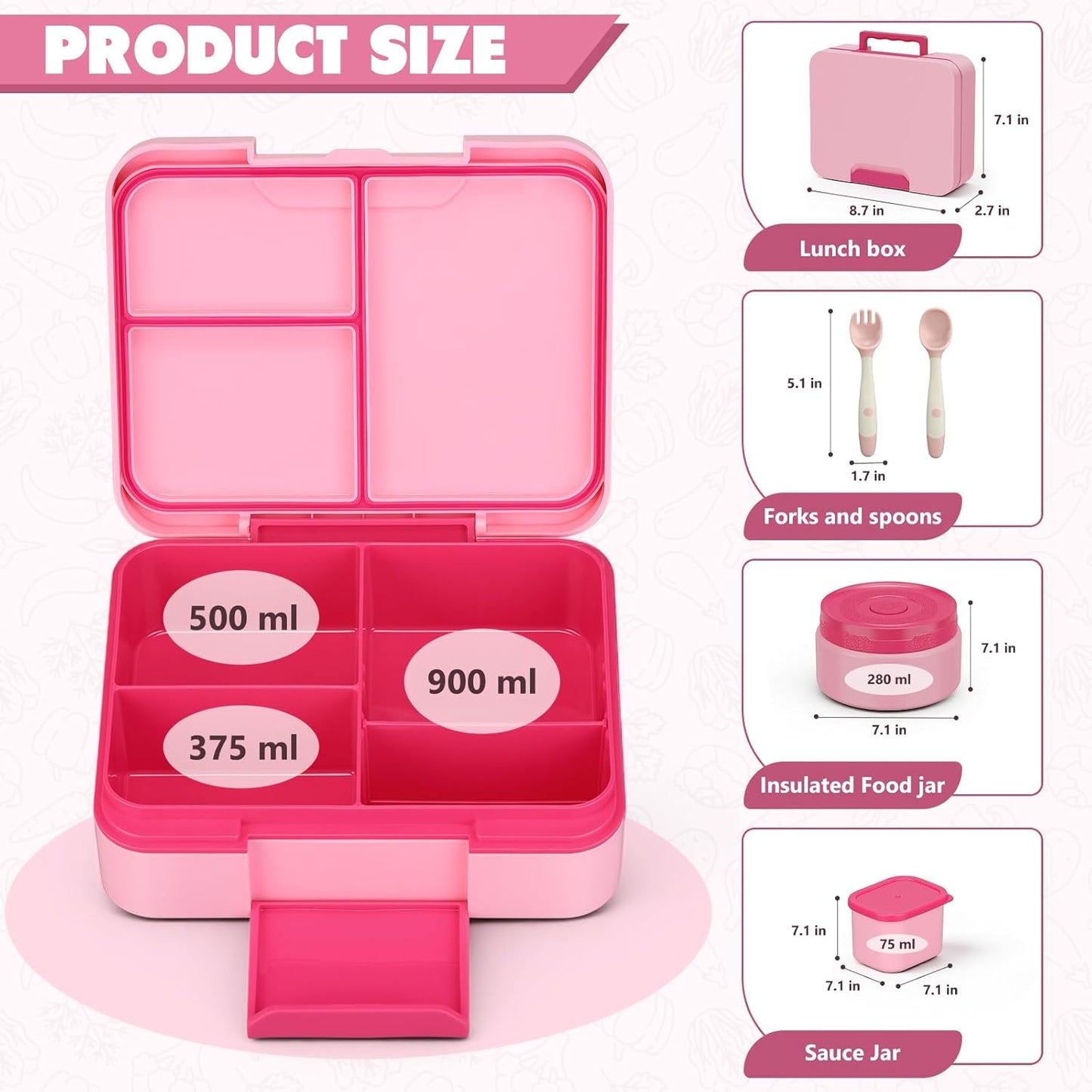 Bento Box Set with 9.5oz Soup Thermo Kids Leak-proof Lunch Box Container with 4 Compartment Stainless Steel Insulated Hot Food Jar with Bag for School Travel - Pink