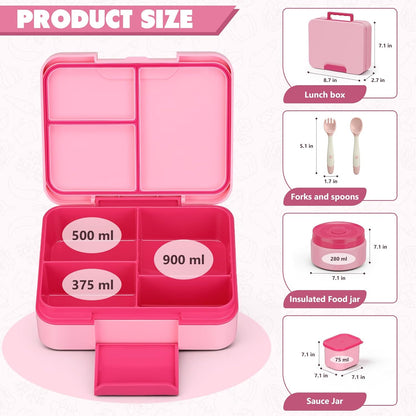 Bento Box Set with 9.5oz Soup Thermo Kids Leak-proof Lunch Box Container with 4 Compartment Stainless Steel Insulated Hot Food Jar with Bag for School Travel - Pink