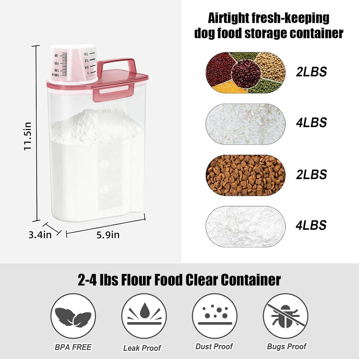 LEAWALK Airtight Rice Storage Container, 3-5Lbs Cereal Dry Food Flour Bin, Pet Dog Cat Food Dispenser with Measuring Cup, BPA Free Plastic Kitchen and Pantry Organization Bin for Sugar-Clear Grey