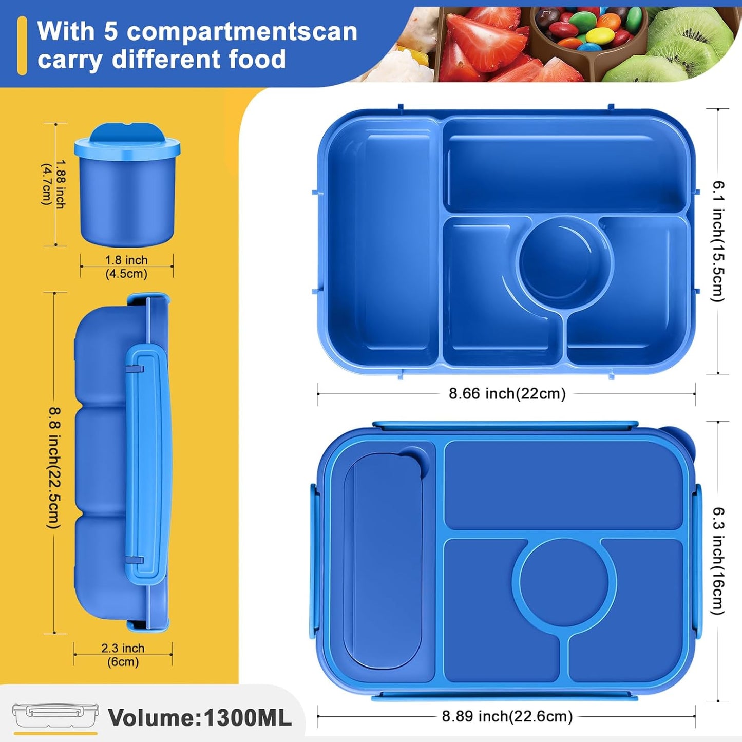 Amathley Bento Box Adult Lunch Box Kids,Lunch Containers for Adults/Kids/Toddler,5 Compartments Bento Lunch Box with Sauce Vontainers,Microwave & Dishwasher & Freezer Safe,BPA-Free (Blue)